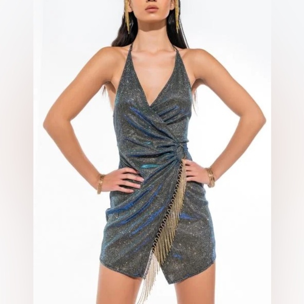 AKIRA “YOU GOT IT WRAP FRONT MINI DRESS” - Blue multi